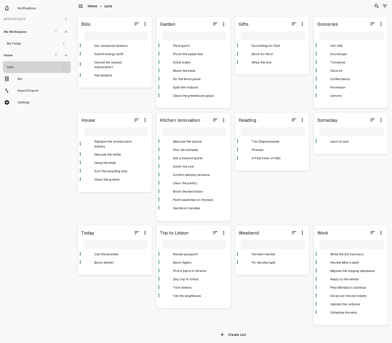 A folder of twelve lists in the old layout, with large empty gaps beneath the shorter lists