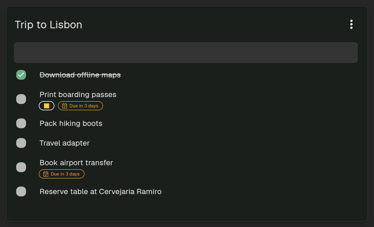 Tasklium in dark mode showing a packing list — fully offline