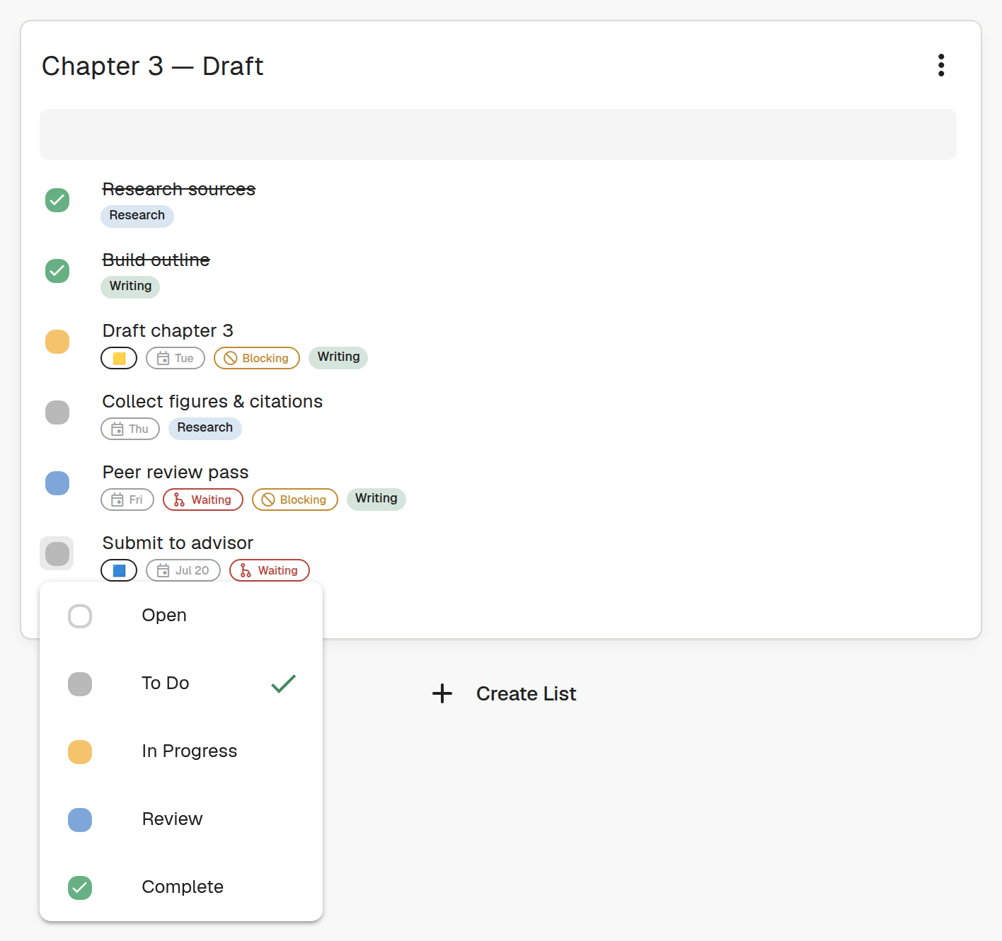 A task list in Tasklium with custom workflow states: To Do, In Progress, Review, Complete